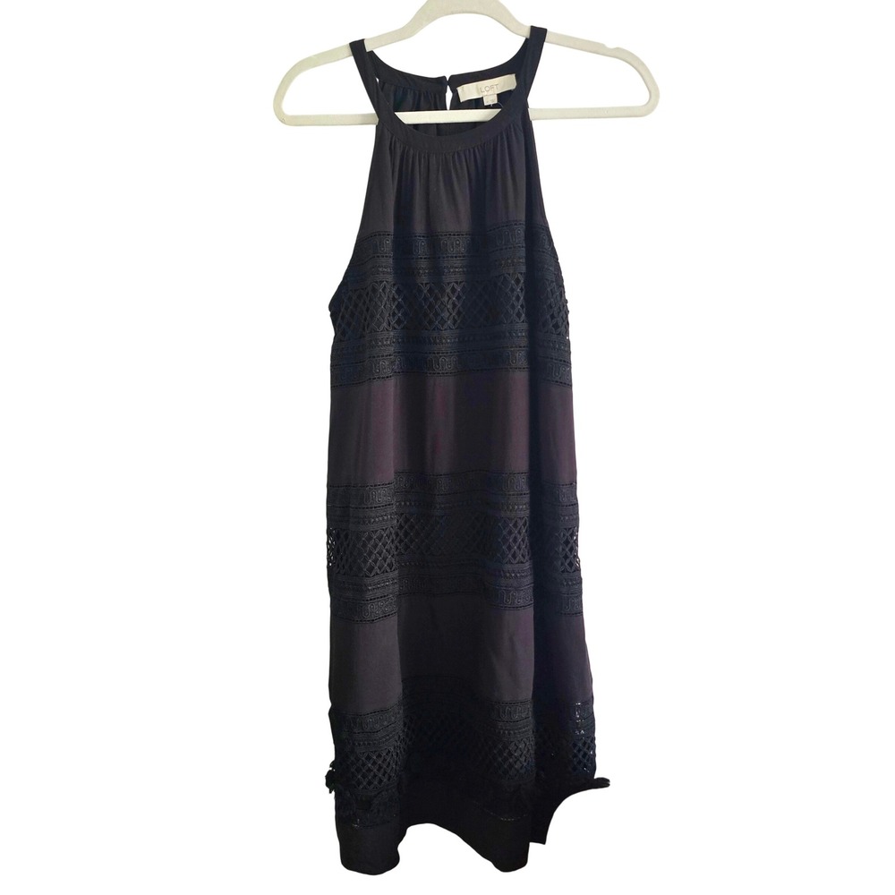 LOFT Dress Womens Medium Black Halter Crochet Lace Tassel Shift Mini Dress